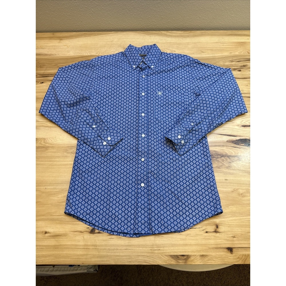 Ariat Mens Blue Geometric Floral Long Sleeve Button Down Shirt Size Medium